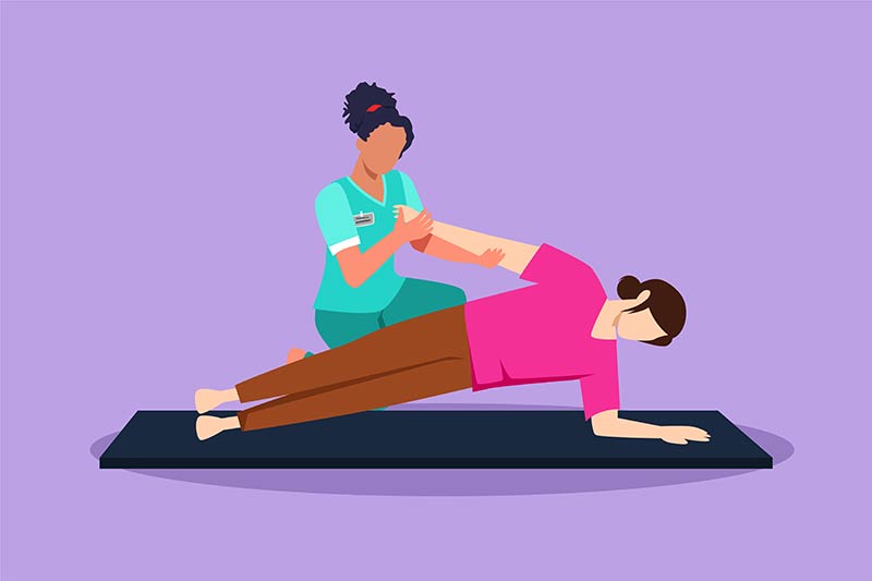 Ilustración de una sesión de fisioterapia para rehabilitación a domicilio de Fisos